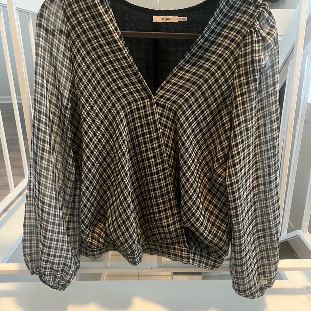 Plaid gingham blouse black white gray - M